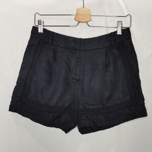 J. Crew Crochet Trim Linen‎ Shorts Black Size 0 Style C0896 High Rise Pleated